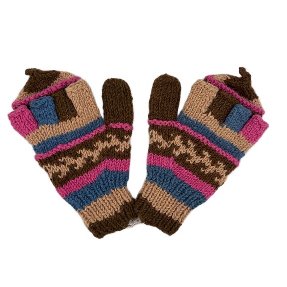 Vintage Knit Convertible Mittens Fingerless Gloves Brown Pink Blue Fair Isle OS - Picture 5 of 5